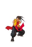  1boy baggy_pants bridal_gauntlets brown_hair chinese_clothes clenched_hands fighting_stance game_cg highres looking_at_viewer male_focus muscular nishimura_kinu non-web_source official_art pants shoes siblings simple_background sleeveless sneakers solo squatting street_fighter street_fighter_iii_(series) white_background yang_lee 