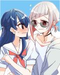  2girls alternate_costume black_choker blue_background blue_camisole blue_dress blue_eyes blue_hair blue_ribbon blush camisole casual choker closed_mouth collarbone colored_inner_hair commentary_request diagonal_bangs dollchestra dress eye_contact grey_hair grey_jacket hair_ornament hair_ribbon half_updo hasu_no_sora_school_uniform highres jacket kanduki_kamibukuro link!_like!_love_live! looking_at_another love_live! multicolored_hair multiple_girls murano_sayaka open_clothes open_jacket profile puffy_short_sleeves puffy_sleeves red_eyes red_hair red_ribbon ribbon sailor_collar sailor_dress school_uniform short_sleeves simple_background sparkle star_(symbol) star_hair_ornament streaked_hair summer_uniform sunglasses sweatdrop upper_body virtual_youtuber white_sailor_collar yugiri_tsuzuri yuri 