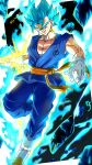  1boy adapted_costume arm_blade aura black_background blue_eyes blue_hair blue_pants blue_tunic boots dougi dragon_ball dragon_ball_super dragon_ball_z dragon_ball_z_fukkatsu_no_f earrings energy_sword full_body glint gloves highres jewelry male_focus medium_hair pants potara_earrings ryo_lovevegito simple_background solo spiked_hair super_saiyan super_saiyan_blue sword tunic vegetto weapon white_boots white_gloves 
