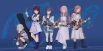 5girls :3 absurdres alternate_costume animal_ears bang_dream! bang_dream!_it&#039;s_mygo!!!!! bass_guitar belt black_boots black_hair blue_background blue_belt boots brown_hair cat cat_ears chihaya_anon coat cyan_belt dress drumsticks epppppp esp_guitars grey_eyes guitar guitar_case highres holding holding_bass_guitar holding_drumsticks holding_guitar holding_instrument holding_microphone hood hoodie instrument instrument_case kaname_raana knee_boots long_hair microphone multiple_girls mygo!!!!!_(bang_dream!) mygo!!!!!_logo_(bang_dream!) nagasaki_soyo pink-framed_eyewear pink_belt pink_hair purple_hair round_eyewear shiina_taki short_hair simple_background tail takamatsu_tomori trench trench_coat white_boots white_hair yellow_belt 