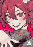  1girl blush drill_hair graveweaver hair_ribbon highres kasane_teto lips looking_at_viewer open_mouth pink_background pink_nails red_eyes red_hair ribbon short_hair simple_background smile solo teeth twin_drills upper_body vocaloid white_ribbon 