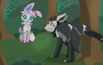 16:10 armband awkward being_watched black_body black_fur blackravebow blue_body blue_fur bodily_fluids bottomwear bow_(feature) bowtirage canid canine caught claws clenched_teeth clothing convenient_censorship duo ear_piercing ear_ring eeveelution female feral forest forest_background fur generation_3_pokemon generation_6_pokemon grey_body grey_fur interrupted looking_at_another male mammal mightyena nature nature_background nintendo open_mouth outside pawpads piercing pink_body pink_fur plant pokemon pokemon_(species) raised_leg red_eyes ring_piercing shrub sitting skirt sweat sylveon teeth tendrils tree white_body white_fur widescreen