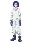  1boy blue_gloves blue_hair colored_inner_hair full_body gloves gundam gundam_gquuuuuux highres looking_at_viewer male_focus multicolored_hair official_art pants red_eyes red_hair shirt short_hair shuji_ito simple_background sleeves_rolled_up smile solo standing transparent_background white_pants white_shirt work_boots 
