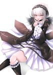  1girl absurdres black_hairband black_socks gothic_lolita hairband highres kneehighs lolita_fashion looking_at_viewer lying majinno on_back rozen_maiden salute socks solo suigintou two-finger_salute 