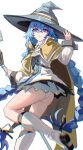  1girl absurdres ass black_hat black_socks blue_hair boots braid cape crossed_bangs hair_between_eyes hat highres holding knee_boots kneehighs long_hair looking_at_viewer mushoku_tensei panties parted_lips roxy_migurdia simple_background socks solo standing standing_on_one_leg twin_braids underwear very_long_hair white_background white_boots white_panties witch_hat wuzhihuijia 