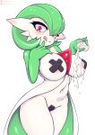  absurd_res anthro bebatch breasts female gardevoir generation_3_pokemon hand_on_breast hand_on_face hi_res humanoid medium_breasts mouth_closed nintendo nipple_covers nipples not_furry pokemon pokemon_(species) red_eyes simple_background solo tongue tongue_out video_games white_body 