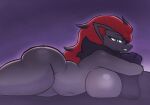 anthro big_breasts big_butt breast_squish breasts butt canid canine digital_media_(artwork) dugdog female fur generation_5_pokemon grey_body hair looking_at_viewer lying mammal nintendo nude on_front pokemon pokemon_(species) side_view simple_background smile solo squish thick_thighs zoroark
