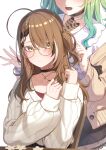  2girls absurdres ahoge black_choker black_skirt blush braid brown_hair cardigan ceres_fauna ceres_fauna_(jirai_kei) chair choker collarbone commentary english_commentary expressionless feather_hair_ornament feathers flower glasses gradient_hair green_cardigan green_hair hair_between_eyes hair_ornament hair_over_one_eye hairdressing highres hololive hololive_english huge_ahoge jewelry long_hair long_sleeves multicolored_hair multiple_girls nanashi_mumei nanashi_mumei_(casual) necklace official_alternate_costume on_chair one_side_up open_cardigan open_clothes resu_desu round_eyewear shirt single_braid sitting skirt smile streaked_hair sweater virtual_youtuber white_hair white_shirt white_sweater yellow_eyes 
