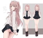  1girl ass black_skirt blush brown_shoes bullfalk cardigan commentary_request grey_eyes highres long_hair long_sleeves looking_at_viewer miniskirt multiple_views one_side_up open_cardigan open_clothes open_mouth original panties pink_hair pink_panties pleated_skirt shoes skirt sweatdrop translation_request underwear white_cardigan 