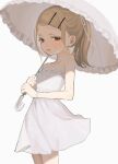  1girl bare_shoulders blonde_hair blush bracelet commentary_request dress flat_chest gakuen_idolmaster hair_ornament highres hot idolmaster jewelry kakuzatou_(sugar_xouox) long_hair looking_at_viewer open_mouth orange_eyes parasol ponytail shinosawa_hiro simple_background solo sunlight sweat umbrella white_background white_dress 