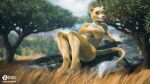  16:9 3d_(artwork) anthro breasts covering covering_breasts digital_media_(artwork) felid female lion mammal nude outside pantherine plant rock sitting solo text tree url widescreen zorryn 