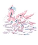 2024 ambiguous_gender blue_eyes blush bow_(anatomy) eeveelution eyelashes feral fur generation_6_pokemon hi_res lying momu_shi_36 nintendo paws pink_body pink_fur plushie pokemon pokemon_(species) ribbons_(anatomy) simple_background solo sylveon tail toy white_body white_fur