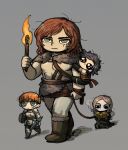  1girl 3boys armor barbarian black_hair book boots brown_boots brown_hair cahara_(fear_&amp;_hunger) chibi closed_mouth d&#039;arce_(fear_&amp;_hunger) deformed enki_(fear_&amp;_hunger) fear_&amp;_hunger_(series) fear_&amp;_hunger_1 fur-trimmed_boots fur_trim green_eyes grey_background holding holding_book holding_leash holding_shield holding_sword holding_torch holding_weapon knight leash male_focus multiple_boys o-ring open_book orange_hair ragnvaldr_(fear_&amp;_hunger) reading red_hair shield simple_background sm2_hokke smoking smoking_pipe sword torch walking weapon 