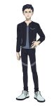  1boy black_eyes black_hair black_jacket black_pants clenched_hand full_body grey_shirt gundam gundam_gquuuuuux hand_on_own_hip highres jacket looking_at_viewer male_focus nabu_(gundam) official_art pants shirt shoes short_hair simple_background sneakers solo standing transparent_background v-neck 