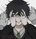  1boy artist_name black_hair black_sweater collared_shirt degrees_of_lewdity disembodied_hand green_eyes green_necktie grin kylar_(degrees_of_lewdity) kylar_(male)_(degrees_of_lewdity) looking_at_another looking_at_viewer male_focus necktie portrait seki183469 shirt short_hair smile sweater white_shirt 