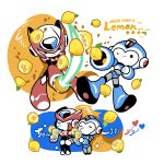  2boys arm_cannon armor blonde_hair blue_armor blue_helmet character_name chibi cup energy_sword english_text food fruit full_body glass helmet highres holding holding_cup lemon lemonade long_hair male_focus mega_man_(series) mega_man_x_(series) melay_(khrssc) multiple_boys multiple_views red_armor red_helmet sword weapon z_saber zero_(mega_man) 