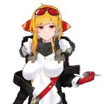  1girl belt black_coat black_scarf blonde_hair bodystocking bow breasts bright_pupils coat coat_partially_removed commentary covered_navel dress earrings eyewear_on_head fur_collar gloves hair_bow hairband hammer highres holding holding_hammer hololive hololive_indonesia impossible_clothes impossible_dress jewelry kaela_kovalskia kaela_kovalskia_(1st_costume) large_breasts long_sleeves looking_at_viewer mallet medium_hair off_shoulder open_clothes open_coat red-tinted_eyewear red_belt red_bow red_eyes red_gloves red_hairband scarf simple_background single_earring single_sidelock skin_tight solo sunglasses swept_bangs tinted_eyewear upper_body virtual_youtuber watercat322 white_background white_dress white_pupils 