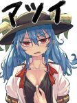  1girl black_hat black_undershirt blue_hair blush breasts cleavage collared_shirt commentary_request hair_between_eyes hat hat_ornament highres hinanawi_tenshi hot kaden_(muxt8423) leaf_hat_ornament long_hair looking_at_viewer medium_breasts red_eyes shirt short_sleeves simple_background solo sweat touhou translation_request unbuttoned upper_body white_background white_shirt 