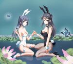  2girls animal_ear_hairband animal_ears bare_legs black_bow black_bowtie black_hair black_leotard blue_eyes bow bowtie breasts bug butterfly cleavage detached_collar fake_animal_ears fishnet_pantyhose fishnets flower hairband highres leotard long_hair makinohara_shouko medium_breasts multiple_girls own_hands_clasped own_hands_together pantyhose playboy_bunny purple_eyes rabbit_ears rabbit_tail sakurajima_mai seishun_buta_yarou smile strapless strapless_leotard tail tsutarou white_leotard wrist_cuffs 