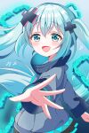  1girl aqua_eyes aqua_hair batsu_miku black_skirt blush grey_jacket hair_between_eyes hair_ornament hatsune_miku highres jacket kowareta_sekai_to_utaenai_miku long_hair long_sleeves open_mouth pleated_skirt project_sekai reaching reaching_towards_viewer sakaki333 skirt smile solo turtleneck turtleneck_jacket twintails very_long_hair vocaloid wide_sleeves x_hair_ornament 