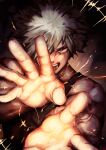  1boy absurdres bakugou_katsuki black_shirt boku_no_hero_academia commentary_request dark_background highres looking_at_viewer male_focus muscular muscular_male one_eye_covered open_mouth orange_eyes reaching reaching_towards_viewer shirt short_hair soleil_(soleilmtfbwy03) spiked_hair teeth tongue upper_body white_hair 