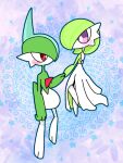  1boy 1girl arm_at_side bangs blue_background blue_hair blue_outline blush blush_stickers bob_cut bright_pupils chibi colored_skin commentary_request eye_contact from_behind full_body gallade gardevoir green_hair green_skin hair_over_one_eye hand_up holding_hands looking_at_another mohawk multicolored_hair multicolored_skin no_mouth one_eye_covered outline partial_commentary pink_eyes pokemon pokemon_(creature) red_eyes short_hair standing star_(symbol) two-tone_hair two-tone_skin white_pupils white_skin yuri_(pixiv_76483886) 