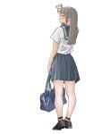  1girl absurdres arm_up bag black_socks brown_hair brown_shoes full_body grey_sailor_collar grey_skirt highres long_hair looking_back original pleated_skirt sailor_collar sakamoto_giulietta school_bag school_uniform serafuku shirt shoes short_sleeves simple_background skirt socks thighs white_background white_shirt 
