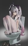  1girl absurdres black_background black_horns black_shoes breasts demon_girl demon_horns feet full_body gradient_background grey_hair highres horns knees_up long_hair multicolored_hair original pantyhose pepperdevil pink_eyes pink_hair shoes sitting small_breasts smoking solo toilet two-tone_hair very_long_hair white_pantyhose 