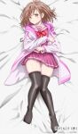  1girl absurdres black_thighhighs brown_hair highres jacket kasumi_renge momentary_lily official_art pink_jacket pink_shirt pink_skirt school_uniform shirt skirt thighhighs 
