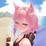  1girl absurdres alternate_costume animal_ear_fluff animal_ears arknights artist_name bare_shoulders beach black_shirt blue_sky braid breasts cleavage cleavage_cutout closed_mouth clothing_cutout cup day drink drinking_glass from_behind highres holding holding_cup large_breasts long_hair looking_at_viewer looking_back ocean outdoors pink_hair pozyomka_(arknights) purple_eyes shirt side_braid signature sky sleeveless sleeveless_shirt solo upper_body water wolf_ears youmon 