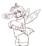 2025 4chan_anon animal_humanoid antennae_(anatomy) arthropod arthropod_abdomen arthropod_humanoid back_wings bee_humanoid big_breasts black_and_white black_line_art breasts clothed clothing dialogue digital_drawing_(artwork) digital_media_(artwork) english_text eyebrow_through_hair eyebrows eyelashes female fingers fur hair hand_on_breast humanoid hymenopteran hymenopteran_humanoid insect insect_humanoid insect_wings looking_at_viewer monochrome monster_girl_(genre) navel nipples open_mouth open_smile portrait ruff shorts_only side_view simple_background smile solo speech_bubble standing stinger talking_to_viewer text three-quarter_portrait topless translucent translucent_hair white_background wings