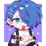  1boy :d blue_eyes blue_hair border chibi chibi_only hair_ornament hair_over_one_eye hairclip hand_on_own_chest highres jewelry light_blush looking_at_viewer male_focus milgram necklace outline outside_border purple_background sakurai_haruka_(milgram) short_hair smile solo white_border white_outline yingwux1 