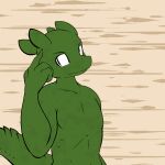  2014 anthro athletic clothed clothing digital_drawing_(artwork) digital_media_(artwork) green_body green_skin horn inside kobold lagotrope lizard male pupils reptile scalie slit_pupils solo standing story story_at_source story_in_description tgchan topless wall zizi_(lagotrope) 