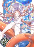  1girl abigail_williams_(fate) abigail_williams_(swimsuit_foreigner)_(third_ascension)_(fate) armpits arms_up ball bare_shoulders beachball bikini blonde_hair blue_eyes blue_sky blush bonnet bow breasts fate/grand_order fate_(series) food forehead fruit hair_bow hat highres innertube long_hair looking_at_viewer miniskirt navel ocean parted_bangs sidelocks skirt sky small_breasts smile solo swim_ring swimsuit twintails very_long_hair watermelon white_bikini white_bow white_hat zuraa_(naunau_seijin) 