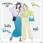  2girls animification character_doll character_name copyright_name cyclops doll genderswap green_eyes humanization james_p._sullivan meecosme mike_wazowski monster monsters_inc. multiple_girls nail_polish one-eyed pants personification sharp_teeth shirt skirt smile socks teeth 