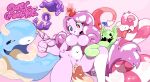 anthro blue_eyes candy colored desnudo dessert female food furroneta goo_creature group hi_res humanoid monster monstrous_humanoid orange_eyes penis_tentacles pink_body pink_skin rose_hair tentacles