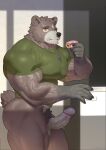 2025 absurd_res anthro appliance balls barazoku bear biceps black_body black_finger_claws black_fur black_hair black_nose bottomless brown_bear brown_body brown_fur butt carmen_gracia clothed clothing december_twilight dessert doughnut eating eating_donut facial_markings food forearm_muscles forehead_markings fridge frosting frosting_on_face fur genitals glans gloves_(marking) green_clothing green_shirt green_topwear hair head_markings hi_res holding_doughnut holding_food holding_object inside jelly_(food) jelly_doughnut kitchen_appliance light male mammal markings multicolored_body multicolored_fur muscular muscular_anthro muscular_male muscular_thighs nipple_outline opening_door pastry penis pubes raccoon21 shirt small_tail solo sunlight tail tan_body tan_fur tight_clothing tight_shirt tight_topwear topwear triceps ursine vein veiny_muscles veiny_penis yellow_eyes