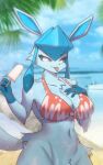  anthro beach bikini bikini_top blep blue_body blue_fur bottomless breasts cleavage clothed clothing eeveelution female food fur generation_4_pokemon glaceon hi_res nintendo pokemon pokemon_(species) popsicle seaside solo swimwear tongue tongue_out tp10 video_games 