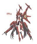  1girl absurdres armor asymmetrical_footwear asymmetrical_legwear bare_shoulders bikini_armor black_hair breasts brown_hair cyborg dress elbow_gloves floating full_body gloves headgear helmet highres horns long_hair looking_at_viewer mecha_musume mechanical_arms mechanical_legs mechanical_wings navel original pelvic_curtain red_eyes simple_background single_sock single_thighhigh small_breasts socks solo takanashi_makino thighhighs transparent_background twintails uneven_legwear very_long_hair weapon white_background wings 