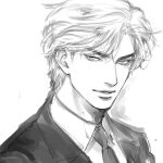  1boy bishounen collared_shirt dio_brando formal_clothes jojo_no_kimyou_na_bouken looking_at_viewer monochrome necktie parted_lips phantom_blood shirt sunayama38 