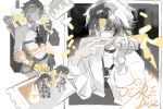  1boy asaba_harumasa black_hair chibi choker cup dated eating english_text headband highres holding holding_cup liulianjingrua long_sleeves looking_at_viewer male_focus monochrome multiple_views necktie pill shirt short_hair yellow_eyes zenless_zone_zero 
