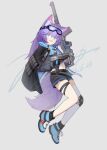  1girl absurdres ahoge ammunition_pouch animal_ear_fluff animal_ears as_val assault_rifle asymmetrical_footwear belt black_cape black_gloves black_leg_warmers black_shorts boots cape commentary_request cropped_jacket dated dual_wielding fang fox_ears fox_girl full_body gloves goggles goggles_on_head grey_background gun hair_ornament highres holding holding_gun holding_weapon jacket jerry_wang knee_pads leg_warmers long_hair long_sleeves magazine_(weapon) mismatched_footwear mixed-language_commentary navel open_mouth optical_sight original pouch purple-tinted_eyewear purple_boots purple_eyes purple_hair purple_jacket purple_tail rifle short_shorts shorts signature simple_background single_knee_pad single_thighhigh skin_fang solo sr-2_veresk suppressor suspender_shorts suspenders tail thigh_strap thighhighs thighs tinted_eyewear trigger_discipline vertical_foregrip weapon white_thighhighs zettai_ryouiki 