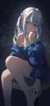  1girl absurdres airool bang_dream! bang_dream!_it&#039;s_mygo!!!!! bare_legs bare_shoulders barefoot black_background black_ribbon blue_hair blue_shirt breasts chair chinese_commentary collarbone colored_inner_hair commentary_request dated detached_sleeves earrings foot_out_of_frame frilled_sleeves frills grey_hair hair_ribbon head_tilt highres jewelry knee_up long_hair long_sidelocks long_sleeves looking_at_viewer multicolored_hair on_chair open_hand parted_bangs parted_lips partial_commentary ribbon shirt sidelighting sidelocks sitting solo strapless strapless_shirt striped_ribbon togawa_sakiko two-tone_hair two-tone_ribbon weibo_username yellow_eyes yellow_ribbon 