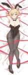  1girl absurdres animal_ear_hairband animal_ears arms_behind_head black_bow black_bowtie black_leotard black_pantyhose black_shoes bound bow bowtie breasts cleavage dakimakura_(medium) detached_collar fake_animal_ears from_above full_body hairband high_heels highres large_breasts leotard lying namako32 original pantyhose playboy_bunny rabbit_ears red_ribbon ribbon shoes solo strapless strapless_leotard thigh_gap thighband_pantyhose tied_up_(nonsexual) wrist_cuffs 