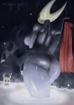 2025 2_horns absurd_res ambiguous_gender arthropod artist_name big_breasts biped black_body black_breasts black_eyes blush breasts butt calue_art clothing duo english_text female fingers genitals half_sister_(lore) hi_res holding_clothing holding_object hollow_knight horn hornet_(hollow_knight) hot_spring nude partially_submerged red_clothing sibling_(lore) sister_(lore) standing team_cherry text the_knight_(hollow_knight) vessel_(species) vulva water wet