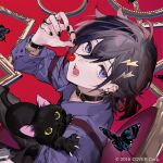  1boy :o album_cover belt_collar black_cat black_hair black_nails blue_eyes bracelet bug butterfly cat cherry collar commentary_request cover ear_piercing earrings food fruit hair_between_eyes hair_ornament highres holding holding_food holding_fruit holostars horiizumi_inko jewelry kanade_izuru looking_at_viewer male_focus official_art picture_frame piercing ring solo 
