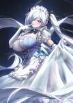  1girl aeon_ion apron black_bow black_bowtie blue_dress blush bow bowtie breasts cinderella_(nikke) cleavage collar detached_collar dress elbow_gloves garter_belt garter_straps gloves goddess_of_victory:_nikke hair_bow hair_over_one_eye highres large_breasts long_hair looking_at_viewer maid maid_apron maid_headdress one_eye_covered open_mouth panties red_eyes see-through_clothes see-through_skirt short_sleeves skirt smile solo teeth thighhighs twintails underwear very_long_hair white_gloves white_hair white_thighhighs 