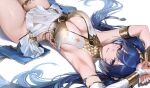  1girl ancient_greek_clothes armlet armpits arms_up bare_shoulders blue_eyes blue_hair blush breasts cleavage commentary english_commentary greco-roman_clothes hair_spread_out highres iuno_(wuthering_waves) jewelry large_breasts long_hair looking_at_viewer lying on_back parted_lips re0n sideboob smile solo thighlet thighs twintails unfinished very_long_hair wuthering_waves 