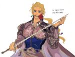  1boy armor blonde_hair blue_eyes cape edgar_roni_figaro final_fantasy final_fantasy_vi flower highres holding holding_sword holding_weapon long_hair multi-tied_hair oju_(ouka) ponytail red_flower red_rose rose square_enix sword weapon 