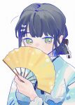  1girl 37.5c_no_fantasy black_hair blue_kimono blunt_bangs bow breasts commentary folding_fan green_eyes hair_bow hair_rings hand_fan holding holding_fan japanese_clothes kimono link!_like!_love_live! long_sleeves love_live! low-tied_hair_ring medium_breasts momose_ginko obi obiage official_alternate_costume pipi_(m1x_mix) sash short_hair sidelocks simple_background solo symbol-only_commentary upper_body virtual_youtuber white_background white_bow yellow_sash 